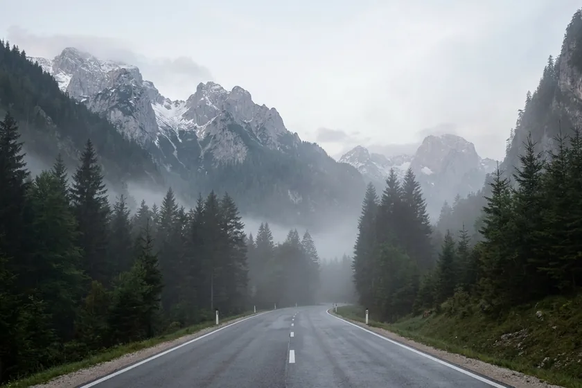 Leere Passstraße zwischen Bayern und Tirol im Morgennebel