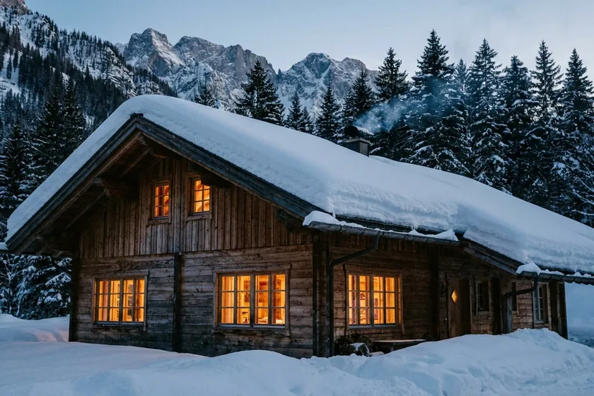 Beleuchtetes Ferienhaus im Schnee in der Dämmerung
