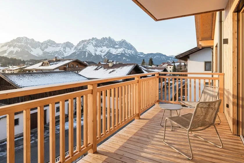 Balkon einer Ferienwohnung mit Blick über Dächer und Berge
