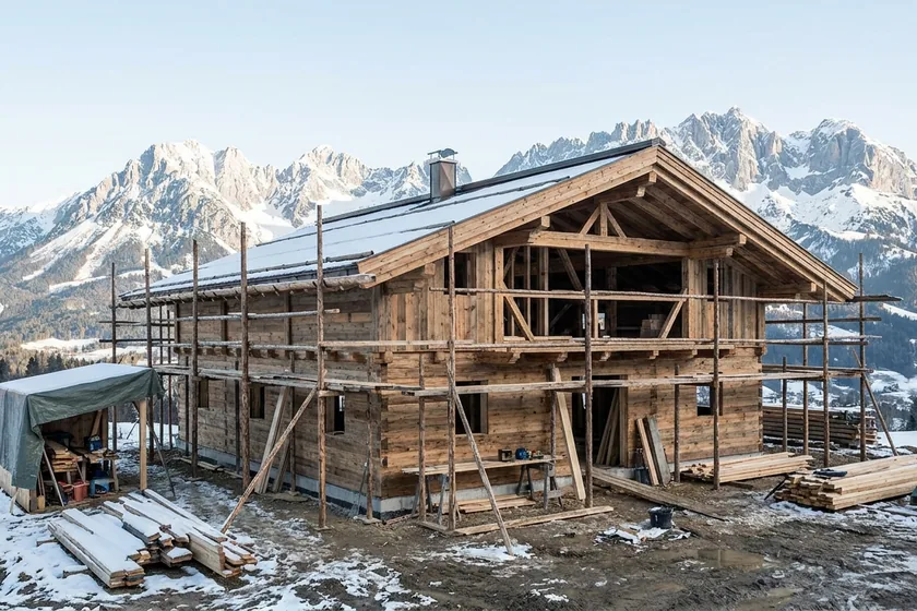 Chalet im Rohbau in den österreichischen Bergen