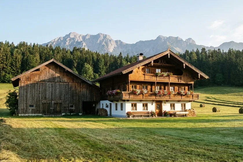 Bauernhof mit Wirtschaftsgebäude zwischen Wiesen und Wald